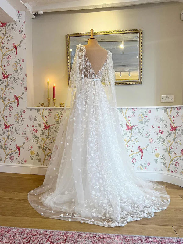 Luolandi 3D Flowers See Through Bodice Bridal Gown V Neck Wedding Dress with Detachable Sleeves Sexy